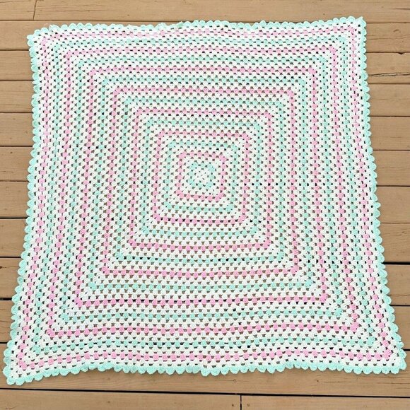Hand‎ Crocheted Baby Blanket 56" Square Scalloped Pastels Pink Green Ivory - Picture 1 of 6
